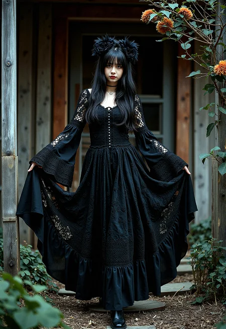 A Gothic woman with dark tones and intricate details, dressed in a bohemian crochet dress with voluminous bell sleeves. The rustic wooden house setting is illuminated by dramatic, high-contrast lighting, creating a moody, mysterious atmosphere. Black flowers and wilted blooms add to the textured, haunting beauty of the scene.
She walks with both hands holding up the sides of her dress, creating a beautiful arc of fabric as she moves.