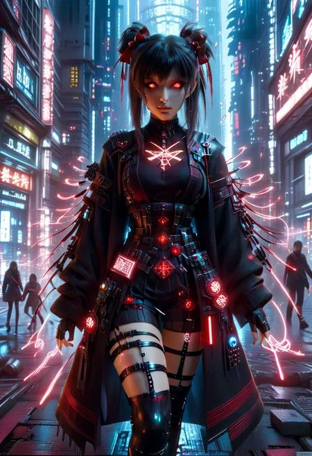 3d action movie poster, cyberpunk style, young woman, rin tohsaka cosplay, (glowing hair ribbons), detailed beautiful face, fingerless gloves, coat over sweater, skirt, red|black, thighhighs, street level busy downtown, dof, mad-hrmtcwzrd