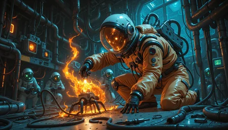 A surreal and unsettling scene of a scientist, clad in a worn-out hazmat suit with torn elastic and stained gloves, frantically struggles to contain the glowing, bioluminescent gas leaking from a human brain specimen, illustrated in a dreamlike, surrealist style reminiscent of Dalí's works. The camera is positioned at an low-angle, emphasizing the scientist's futile efforts as they crouch over the specimen, their gloved hands grasping for the escaping gas with a mixture of desperation and horror. The lighting is dim and eerie, casting long shadows across the sterile laboratory floor, where the walls seem to loom in like specters. The bioluminescent gas swirls around the scientist's head, taking on shapes that defy logic and reason, as if it's a manifestation of the specimen's innermost fears. In the background, a blurred, abstract landscape of twisted medical equipment and eerie machinery seems to writhe and twist, adding to the sense of unease and disorientation. The overall mood is one of creeping dread, as if the very fabric of reality is beginning to unravel.