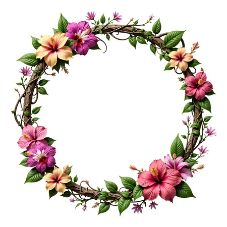 a high detailed circular tokenframe on a white background with an empty white centre. Design of: intricate vines and ivy twisting around the circumference, entwined with vibrant tropical flowers including orchids and hibiscus, surrounded by lush greenery and delicate petals, creating a nature-inspired ring with a bohemian flair.