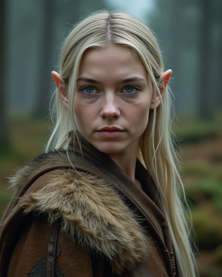 cinematic photo of a young Elf shaman woman, 19 years old, pale skin, blonde long hair, short small pointed ears, stunning beauty, (bright blue eyes), wearing furs and leather and intricately detailed tribal garb, beads, feathers, bones, candid shot, (sexy), petite fit body, real textured skin, intricately detailed eyes, wet hair, high contrast, subsurface scattering, outdoors, rain, overcast, foggy, fantasy world forest setting, warm rich dark color palette