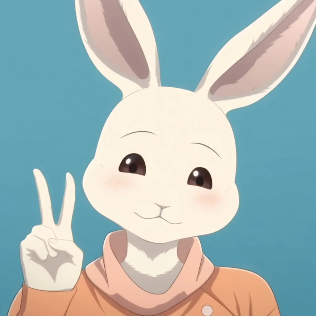 score_9, score_8_up, score_7_up, Expressiveh, masterpiece, best quality, highly detailed, realistic, 1girl, solo, (HaruS3, furry, anthro, lagomorph, female rabbit, pink inner ear, black eyebrows, thin eyebrows, white body, white fur, clothed, orange shirt, orange topwear), upper body, close-up, blue background, simple background, closed mouth, blushing, smile ((peace sign, 5 fingers))