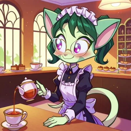 Dreamkeepers,1girl,prelude_lilith,solo,furry,tail,green hair, source_furry,glasses,magenta eyes,
maid, apron, blush, smile, indoors, cafe, tea_party, table, frilly, elegant, lace, teacup, pouring_tea, delicate_hands, pastries, warm_lighting, inviting_atmosphere, refined, detailed_background, soft_smile