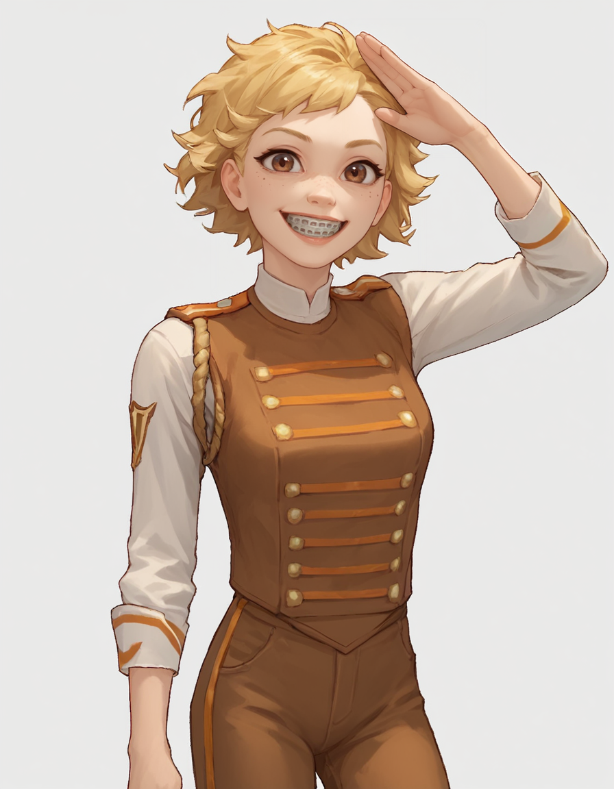 <lora:HarrietPony1.0:0.8> harriet, solo, blonde hair, 1girl, short hair, brown eyes, vest, shirt, pants,smile, freckles,braces, score_9, score_8_up, score_7_up, score_6_up, score_5_up, score_4_up, looking at viewer, cowboy shot,white background,salute,    <lora:Expressive_H:1>
