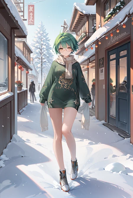 score_9, score_8_up, score_7_up,full body,
middle eastern architecture, street,
admiral nakhimov (azur lane), 1girl, green hair,yellow eyes, short hair,
sweater,snow,scarf,semi-rimless eyewear, <lora:NakhimovXLPony:0.9>