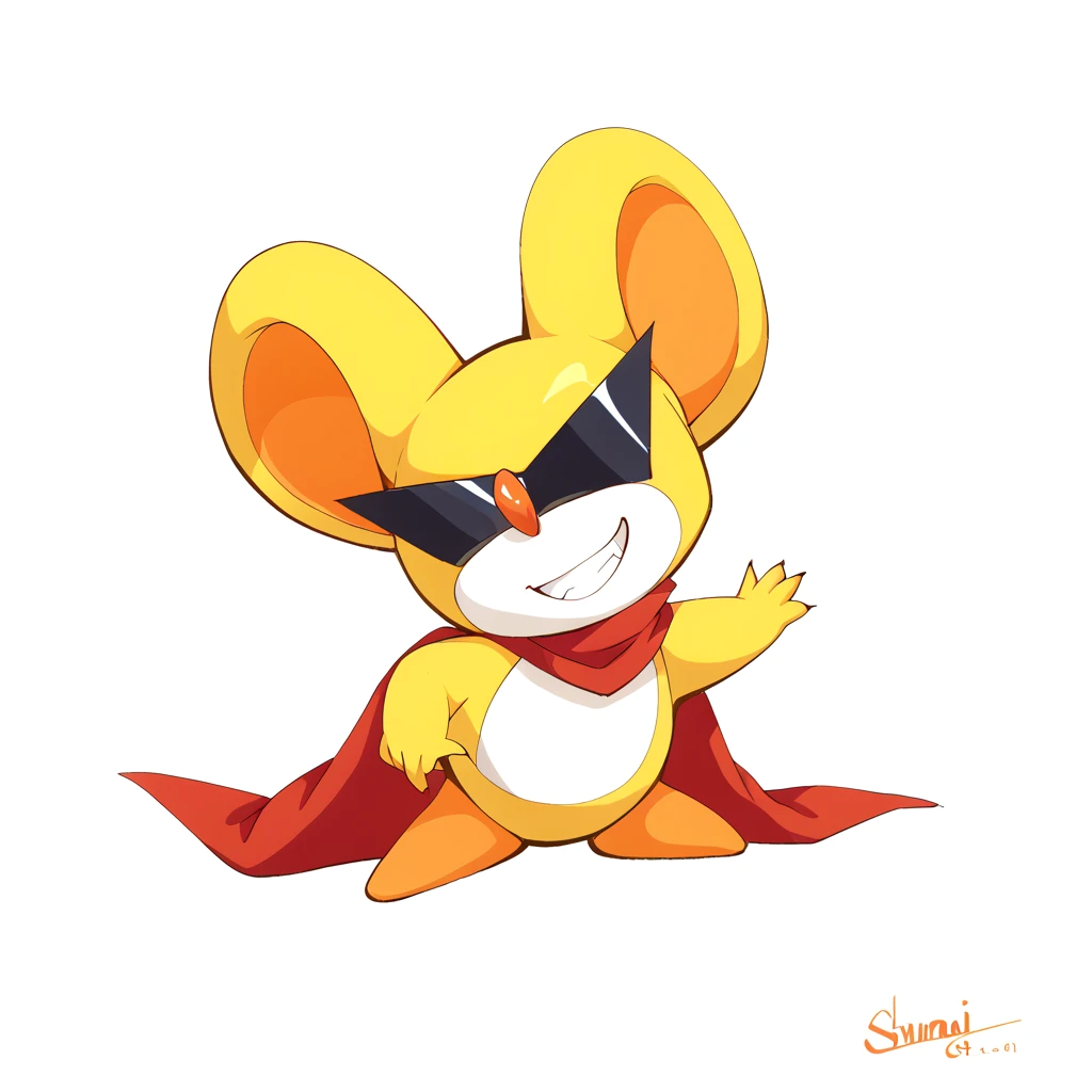  (((spp style:1, flat color:1, thick outlines))), black shades, spinni, yellow body, mouse, furry, weapon, shuriken, solo, white background, simple background, colorful background, smirk, smug, grin, kunai, cape, full body, red scarf, red cape, furry, furry female