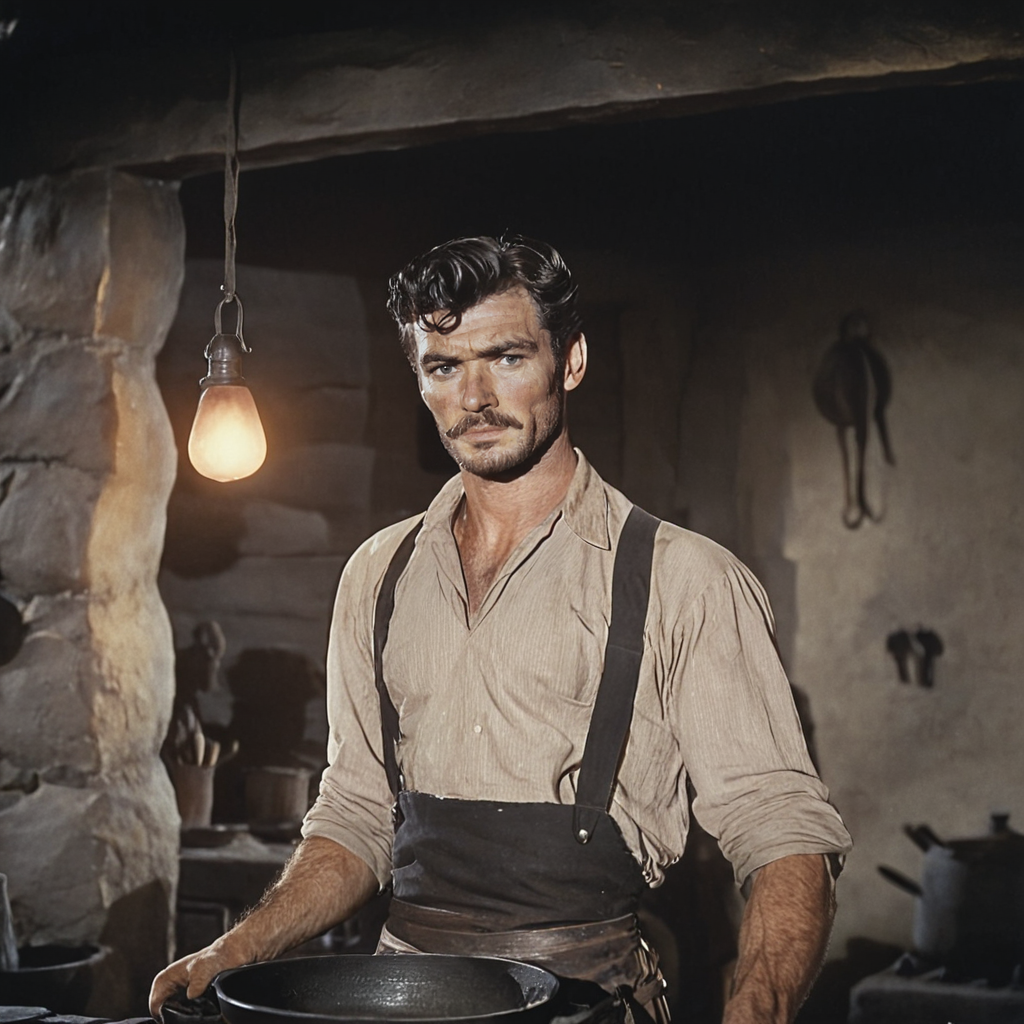 <lora:40s_Western_MovieSDXL:1> ArsMovieStill, movie still from a 1940s western movie, The image shows a man in an apron standing in front of a stove holding a pan in his hands. On the table beside him are various objects and in the background there is a wall with a light illuminating the scene., Man, male focus, facial hair, solo, shirt, beard, frying pan, black hair, suspenders, short hair