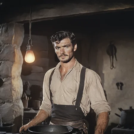 <lora:40s_Western_MovieSDXL:1> ArsMovieStill, movie still from a 1940s western movie, The image shows a man in an apron standing in front of a stove holding a pan in his hands. On the table beside him are various objects and in the background there is a wall with a light illuminating the scene., Man, male focus, facial hair, solo, shirt, beard, frying pan, black hair, suspenders, short hair