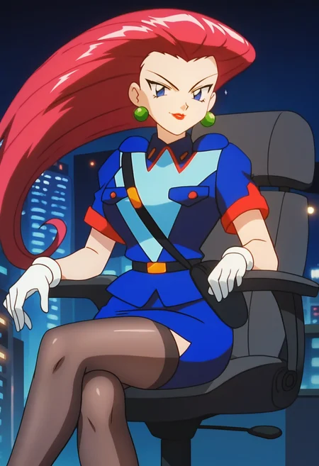score_9, score_8_up, score_7_up, score_6_up, anime screencap, anime coloring, <lora:PMJessieV2:0.9>, PMJessie, red hair, long hair, blue eyes, lipstick, earrings, breasts, 
police uniform, short sleeves, white gloves, belt, fanny pack, pencil skirt, blue skirt, black pantyhose, shiny legwear, 
sitting, swivel chair, looking at viewer, crossed legs, seductive smile, seductive pose,
BREAK indoors, night, office, cityscape, city lights, dark background,