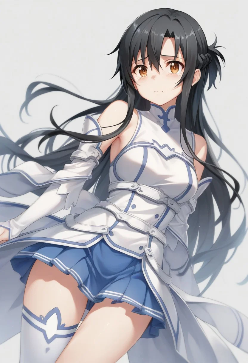 score_9, score_8_up, score_8, score_7_up, score_7.
simple background.
1girl, Asuna from sword art online, black hair, white clothes, blue skirt, sexy thigh. one-handed rapier. stare at viewer, tears.