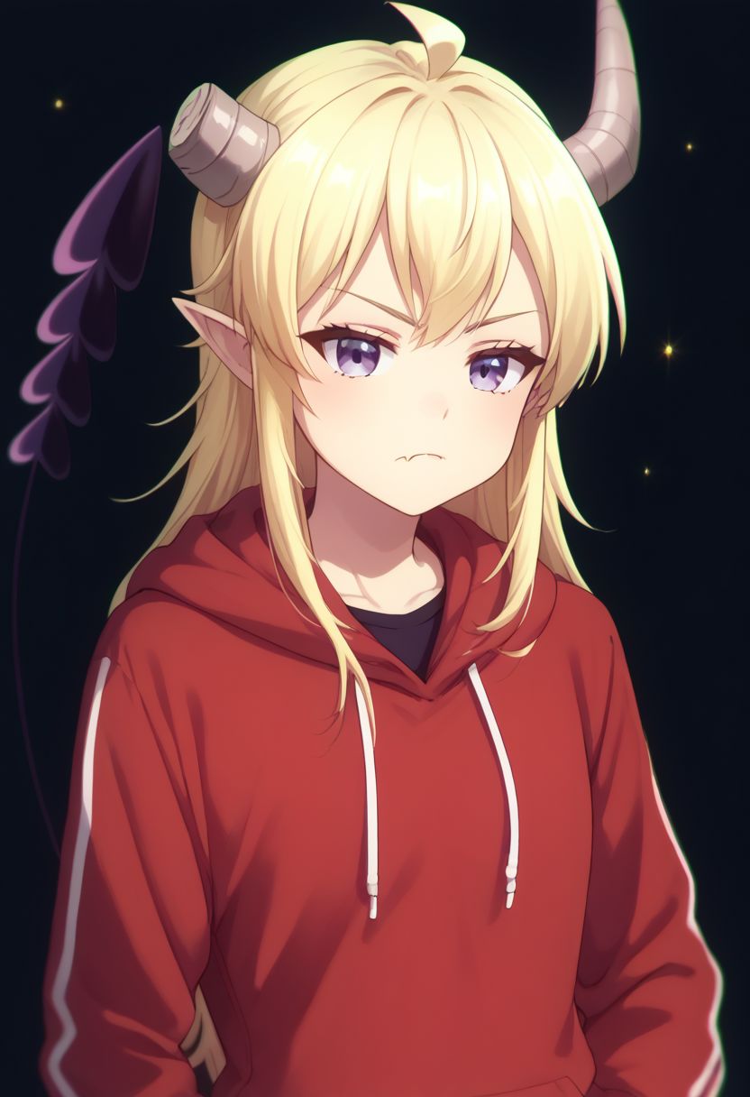 score_9, score_8_up, score_7_up, source_anime, highly detailed, 
lilith, 1girl, horns, tail, solo, demon tail, demon horns, long hair, demon girl, purple eyes, ahoge, fang, pointy ears, blonde hair, hoodie, red hoodie, hood, track pants, bored, frown, upper body,
black background, stars,