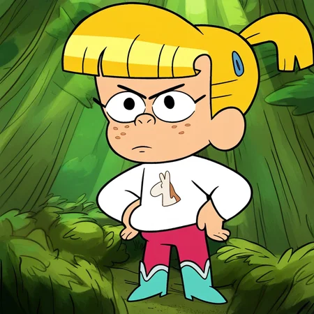 score_9, solo, Mackenzie_cotc, blonde hair, freckles, ponytail, shirt, forest