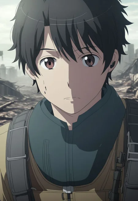 high resolution, solo, best quality, 1Boy, Inaho Kaizuka, Black Hair, Brown Eyes, shallow depth of field, Post-Apocalyptic, survival, OverallDetail