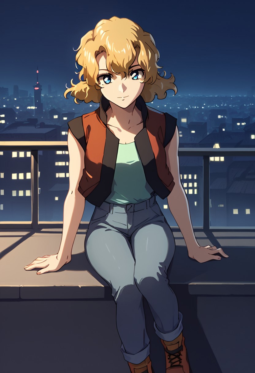 score_9, score_8_up, score_7_up,city view, 1 female,night view, moonlight,asagicaldwell, blue eyes, blonde hair, suspender vest, sleeveless shirt,shoes,sitting,pants