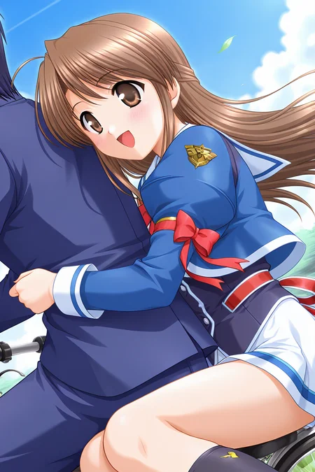 masterpiece, best quality, absurdres, official art, official style, rating general BREAK <lora:fujiedahonami_IL_v1-5:0.7>, fujieda honami, 1girl, solo, brown eyes, yellow eyes, brown hair, grey hair, ahoge, bangs, very long hair, half updo, medium breasts BREAK school uniform, white sailor collar, blue jacket, crop top jacket, juliet sleeves, emblem, red ribbon, arm ribbon, white shirt, purple vest, waist ribbon, miniskirt, blue line skirt, black socks, kneehighs, multiple riders, bicycle, ground vehicle, riding, sidesaddle, 1boy, solo focus, blush, open mouth, smile, day, outdoors, couple, hetero, hug, hands on another's chest, head on another's shoulder, floating hair, wind, knees together, leaning on person