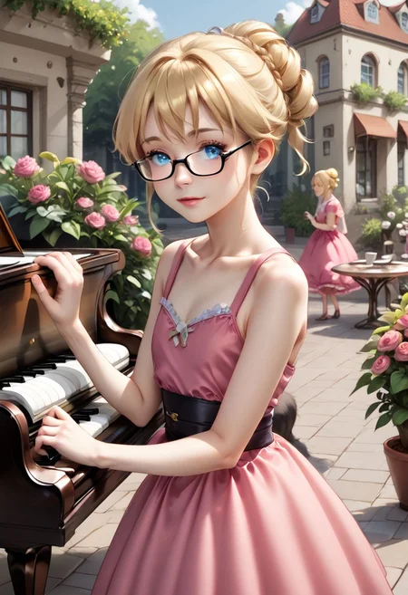 anime art. girl with blonde hair, blue eyes, glasses, flat chest, pink dress, garden, piano, restaurant, glasses