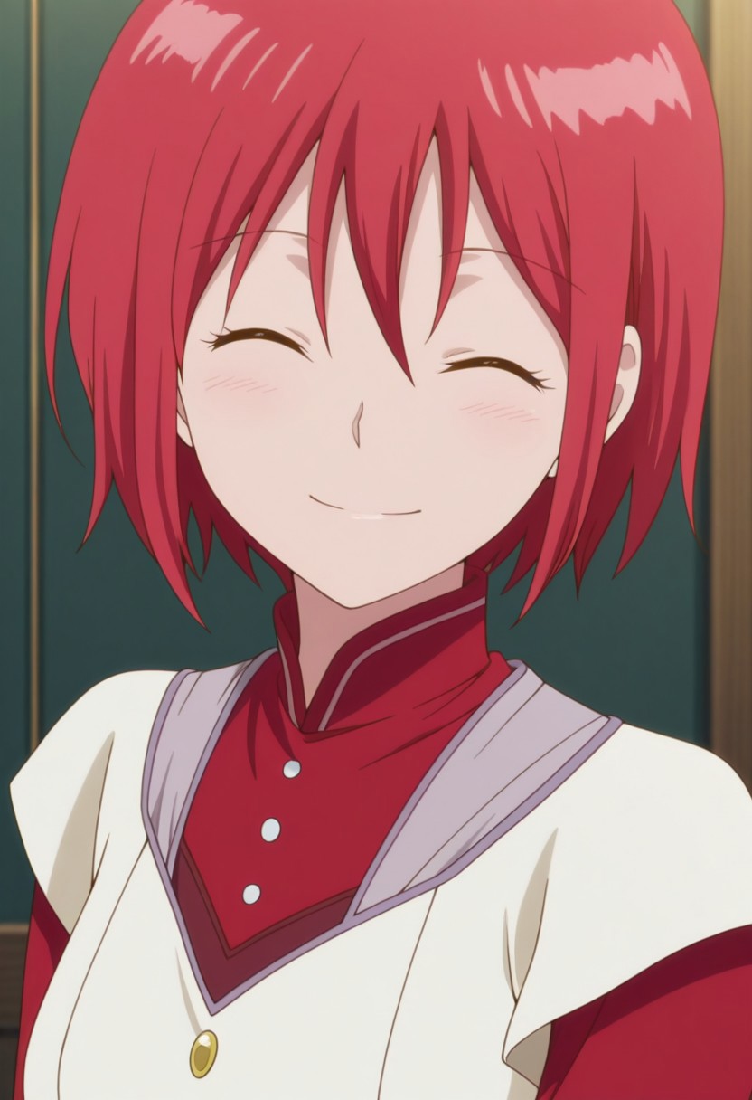 masterpiece,best quality,amazing quality, source_anime, 
shirayuki,1girl, solo, closed eyes, red hair, short hair, shirt, red shirt, high collar, dress, white dress, portrait, smile,