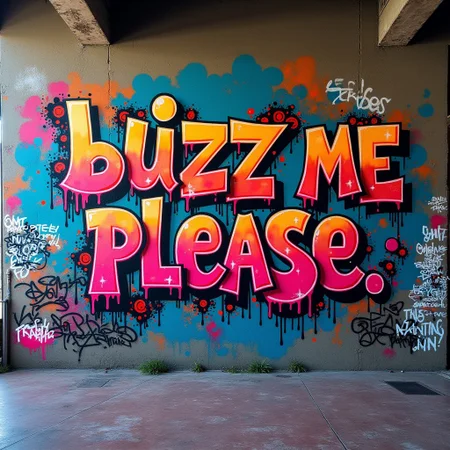 "A vibrant and colorful graffiti wall in an urban setting, featuring bold and stylized text that reads 'buzz me please', spray-painted with dynamic drips and splatters, surrounded by intricate graffiti art, tags, and abstract designs, realistic texture of concrete wall, vibrant neon colors, high contrast, urban atmosphere, gritty yet artistic, photorealistic details, 8K resolution, cinematic lighting, capturing the essence of street art culture, raw and edgy vibe, perfect composition, ultra-detailed, ultra-sharp focus, stunning visual impact."