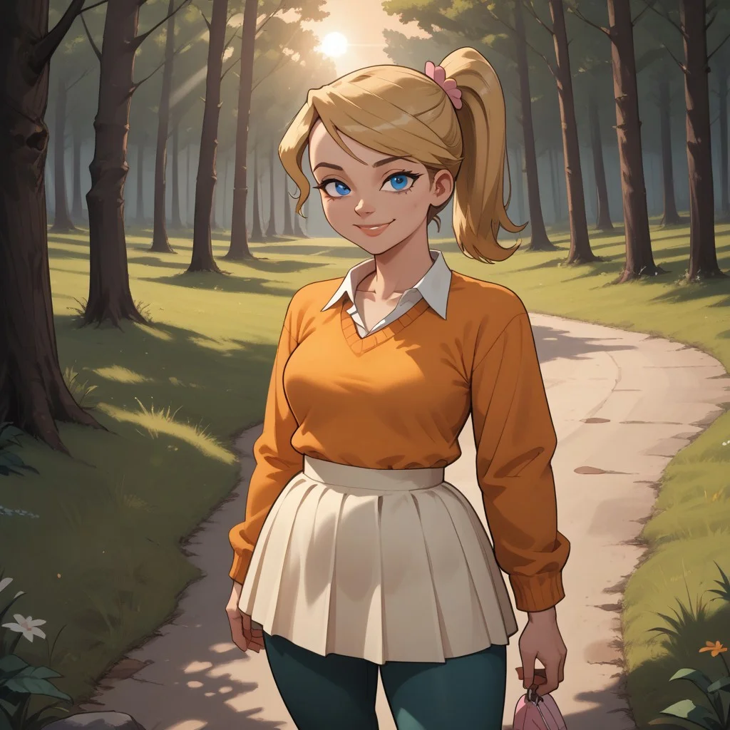 score_9, score_8, BREAK, solo, blonde hair, ponytail, blue eyes, lips, orange sweater, collared shirt, yellow skirt, white and pink sneakers, total drama, Emma_(Total_Drama), plump, cute, breasts, sexy pose, smile, outdoors, sunlight, shadows, evening lighting, natural lighting, forest, trees, grass, orange sky, sunset