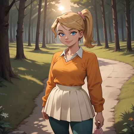 score_9, score_8, BREAK, solo, blonde hair, ponytail, blue eyes, lips, orange sweater, collared shirt, yellow skirt, white and pink sneakers, total drama, Emma_(Total_Drama), plump, cute, breasts, sexy pose, smile, outdoors, sunlight, shadows, evening lighting, natural lighting, forest, trees, grass, orange sky, sunset