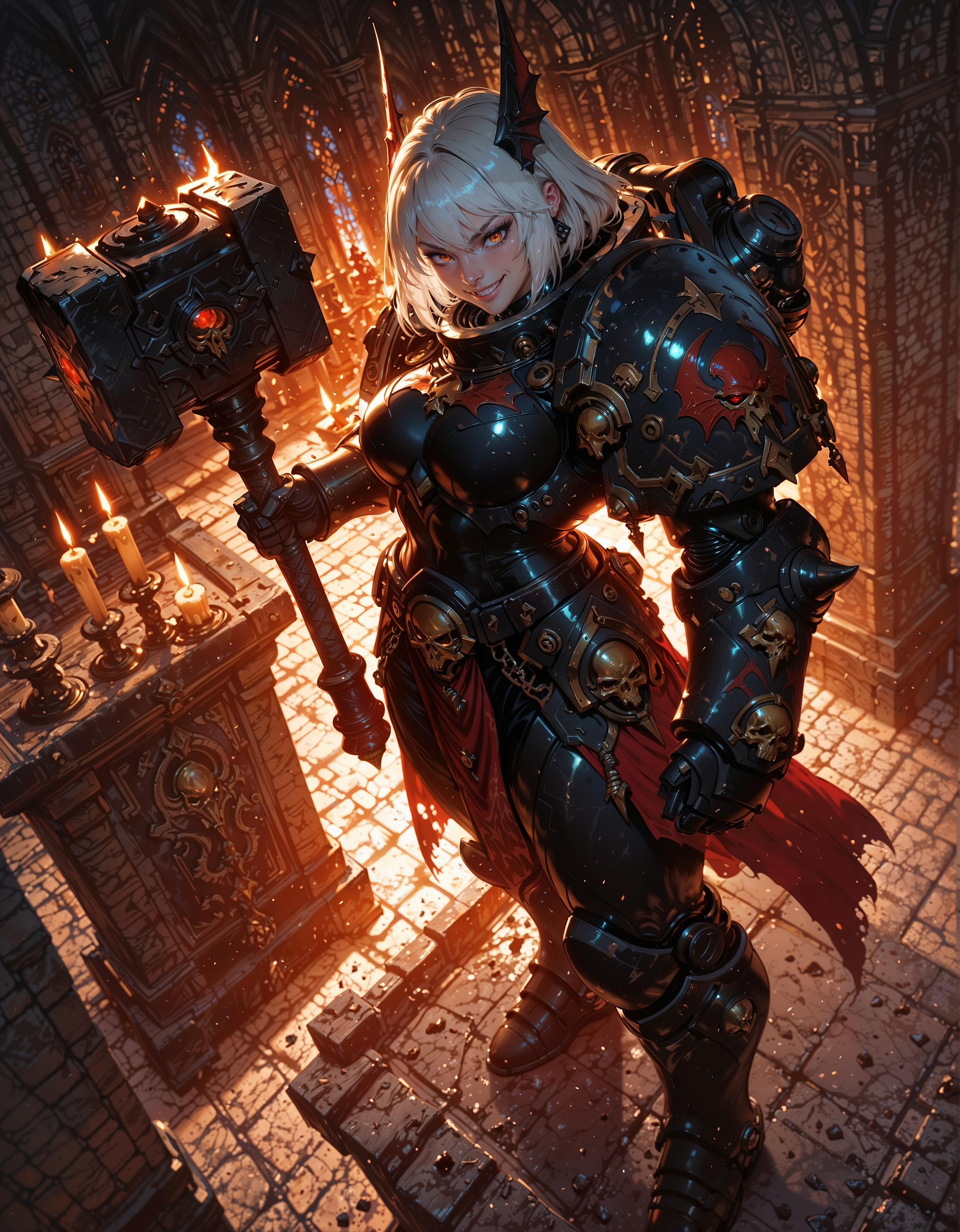 masterpiece, best quality,high quality, newest, highres,8K,HDR,absurdres, NightL40K, 1girl, power armor, solo, side view, close up, white hair, red eyes, fangs, smile, cathedral, grimdark, gothic, holding hammer, hammer, muscular, sexy, seductive, detailed background, candles, tomes, altar, dramatic lighting, glowing light, smoke, high contrast, intricate design, standing, close up, dutch angle, view from above, detailed textures, realistic style, anime influence, fantasy setting, heroic pose, fantasy character, detailed shading, dynamic lighting, high detail, fantasy art, digital painting, professional art, realistic proportions, fantasy genre, epic scene, atmospheric, intricate details
<lora:ILLNightL40K:1> <lora:iLLMythAn1m3Style:0.8> <lora:HammerIL:0.8>
