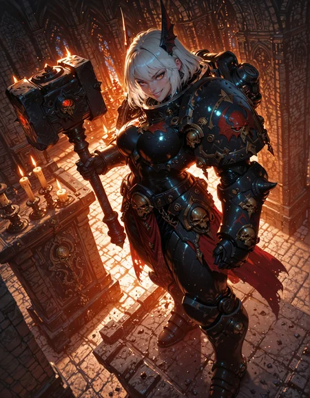 masterpiece, best quality,high quality, newest, highres,8K,HDR,absurdres, NightL40K, 1girl, power armor, solo, side view, close up, white hair, red eyes, fangs, smile, cathedral, grimdark, gothic, holding hammer, hammer, muscular, sexy, seductive, detailed background, candles, tomes, altar, dramatic lighting, glowing light, smoke, high contrast, intricate design, standing, close up, dutch angle, view from above, detailed textures, realistic style, anime influence, fantasy setting, heroic pose, fantasy character, detailed shading, dynamic lighting, high detail, fantasy art, digital painting, professional art, realistic proportions, fantasy genre, epic scene, atmospheric, intricate details
<lora:ILLNightL40K:1> <lora:iLLMythAn1m3Style:0.8> <lora:HammerIL:0.8>