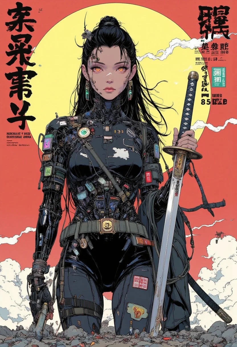 scifi, fantasy, masterpiece, best quality, great composition, Japanese Culture Style, Neo Photorealistic Art, Emotional Photos, 35mm film, Young Japanese Woman in skintight black ninja bodysuit, A Japanese sword is stuck into the ground, smoking, Japanese shrine background with a centered yellow circle, yellow sphere on the background