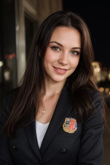 30yo American woman wearing bussiness suit with an American pin on chest.
Holding a flag.
Dark black smooth long hair ponytail. smiling.
Looking at camera.
Dynamic varying pose.
Outside bussiness. Night time,
Night time, dark.