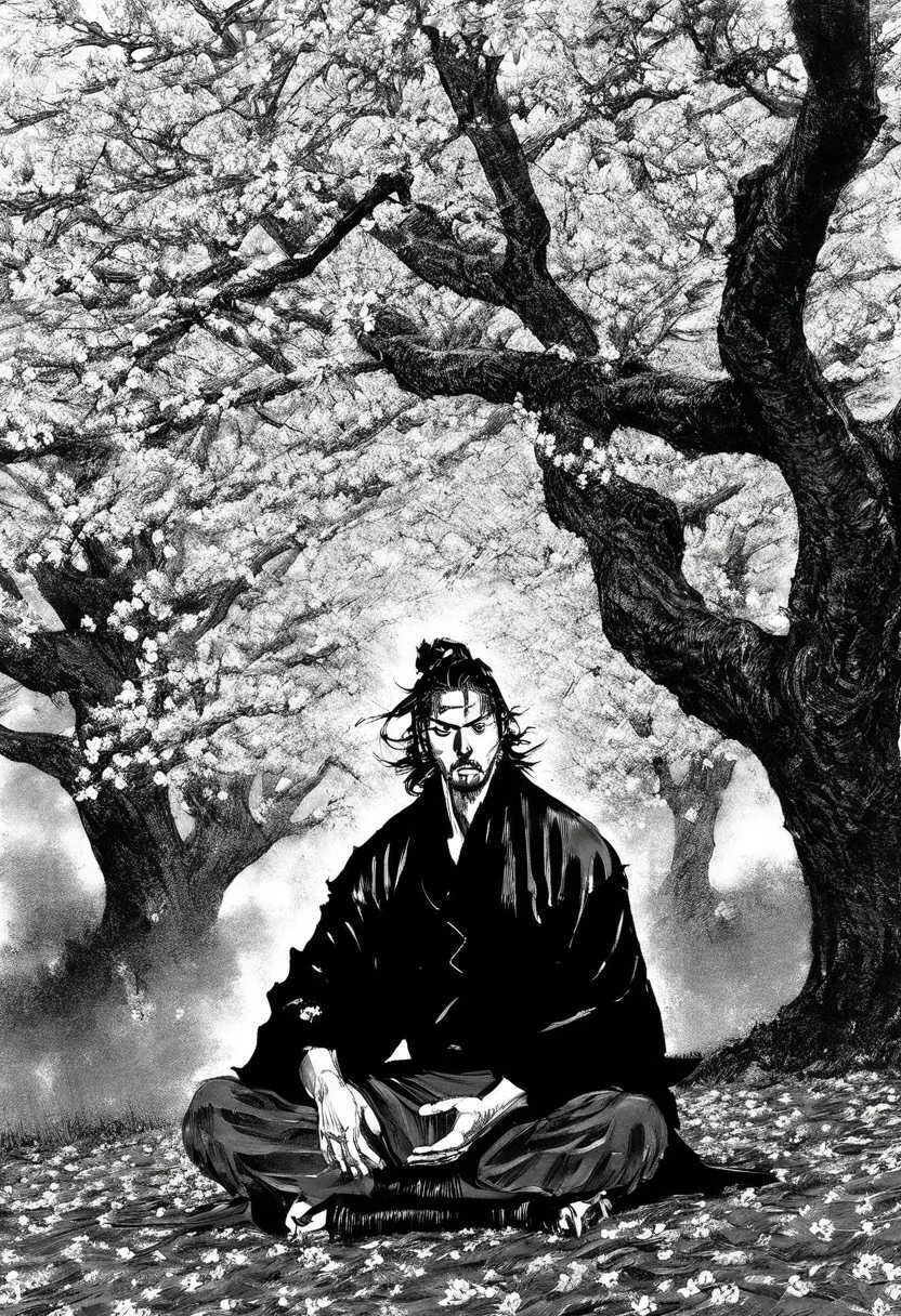 Vagabond, mid-shot of Miyamoto Musashi seated beneath a cherry blossom tree, hands lifted, fingers extended, petals falling around him, soft light.