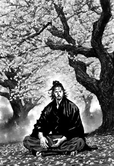 Vagabond, mid-shot of Miyamoto Musashi seated beneath a cherry blossom tree, hands lifted, fingers extended, petals falling around him, soft light.