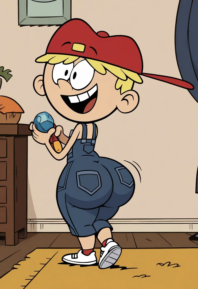 (score_9 | score_8_up | score_7_up) ((masterpiece:1))(best quality,very high quality,ultra detailed:1.2) (2D,cartoon style,anime style)(Smooth:2)(clean blurring) (four fingers on each hand,one thumb on each hand:1), Leif Loud, solo, 1boy, male, Blonde hair, missing teeth, red baseball cap facing backwards, blue overalls, white shoes, SB99 style, butt, mega butt, HUGE Butt, joyfull, happy, glee
