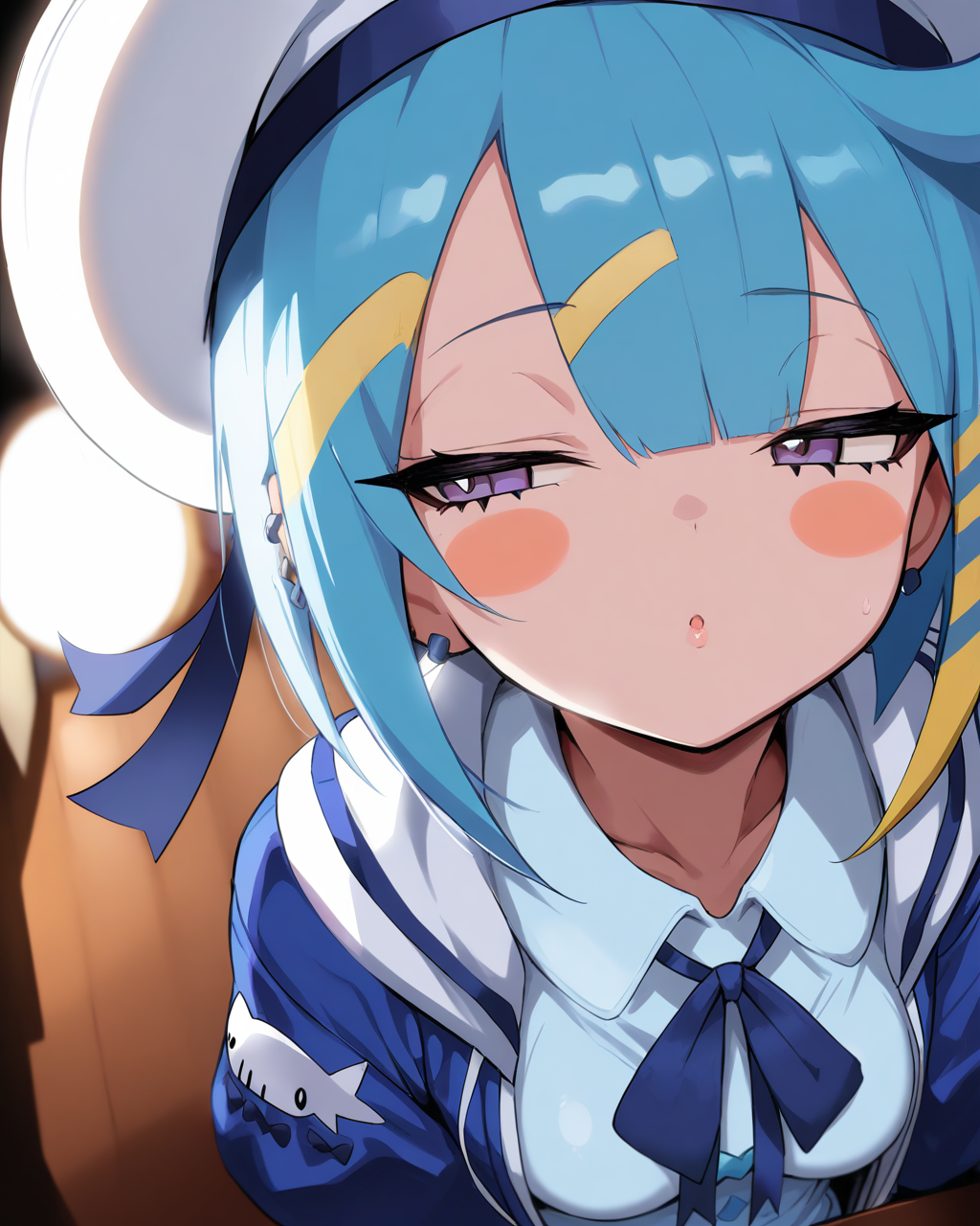 1girl,
LiveTwinLil-laYu-Gi-Oh,
sensitive, solo, close-up, chibi,
looking away, blush stickers,
dating, incoming kiss,
sailor hat, hat ribbon, 
hooded jacket, neck ribbon, puffy sleeves,
collared dress,
breasts,
moodie lighting,
depth of field,
<lora:kp_LiveTwinLil-laYu-Gi-OhAnimagineXL_v1_1:1.0>,
masterpiece, high score, great score, absurdres