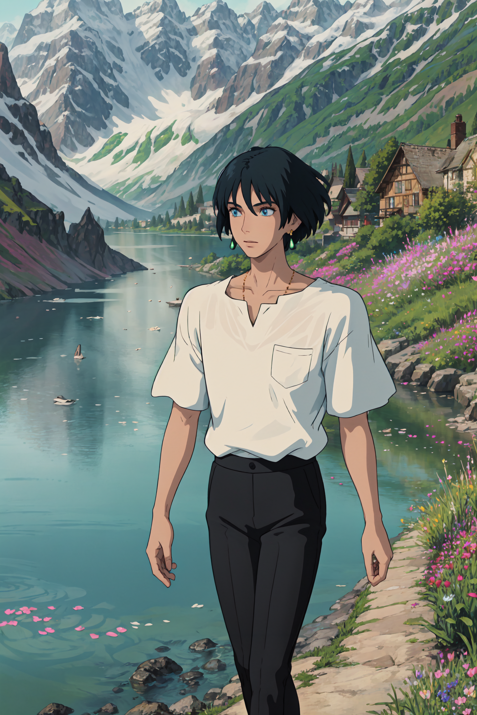 (best quality), (masterpiece), (solo), detailed eyes, 1boy, black hair, blue eyes, white shirt, jewelry, earrings, short hair, black pants, flowers, lake, mountains, trees, <lora:howl_jenkins:1>