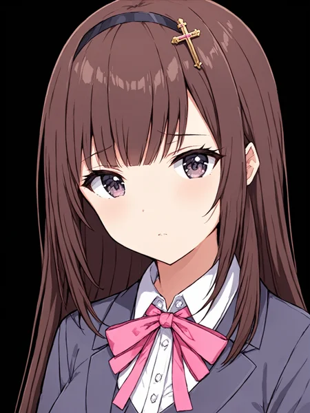 masterpiece, best quality,
(cel shading),
<lora:exorcistcharlotte.sdxl.v1:0.85>
mizukikonoe, 1girl, solo, simple background,collared shirt, pink bowtie, black background, hair ornament, cross ,
upper body,
expressionless,