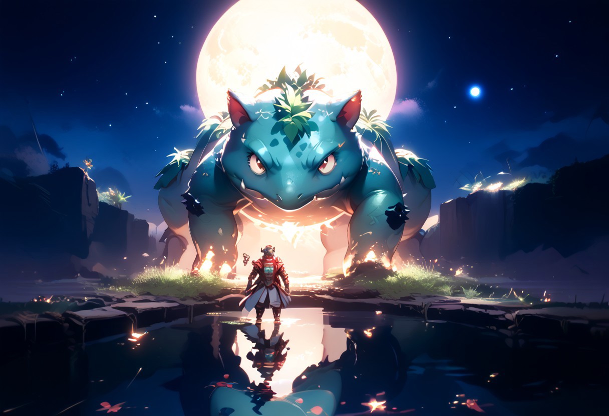 masterpiece, score_9, score_8_up, score_7_up, score_6_up, high contrast, detailed, low light, dramatic lighting, darkness, (water, reflection), intense shadows, super wide shot, cinematic, night, moon, nebula, stars, Bosstyle, giant Venusaur