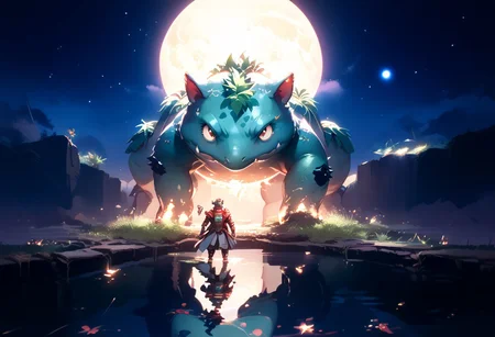 masterpiece, score_9, score_8_up, score_7_up, score_6_up, high contrast, detailed, low light, dramatic lighting, darkness, (water, reflection), intense shadows, super wide shot, cinematic, night, moon, nebula, stars, Bosstyle, giant Venusaur