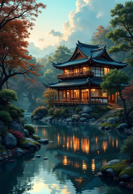 Japanaese , eastern asia architecture , house , across the river , trees , leafs  ,sky , no humans , warm house , lights on