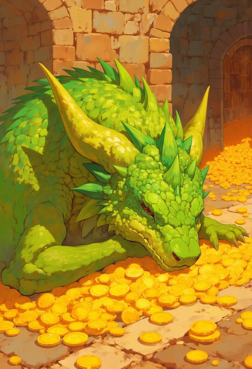 A green dragon sleeping on a pile of gold coins in a dungeon, soft pastel anime