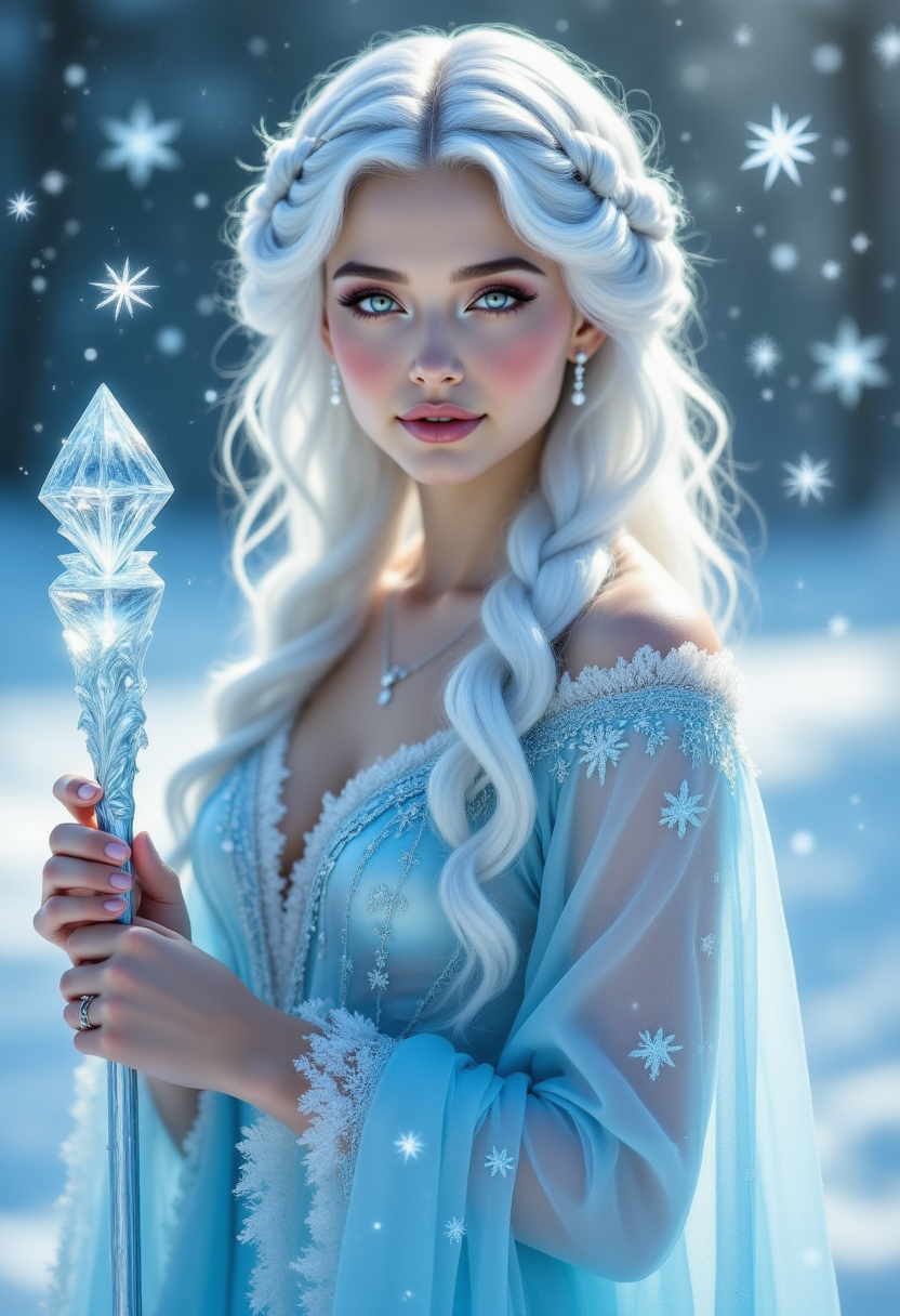 pinkhidreamfantasy, A woman with snow-white hair styled into elaborate braids, her icy blue gown covered in frost-like embroidery. She holds a crystalline staff, from which delicate snowflakes fall even in the absence of wind. The air around her shimmers with a cold, ethereal light, as if time itself is frozen.