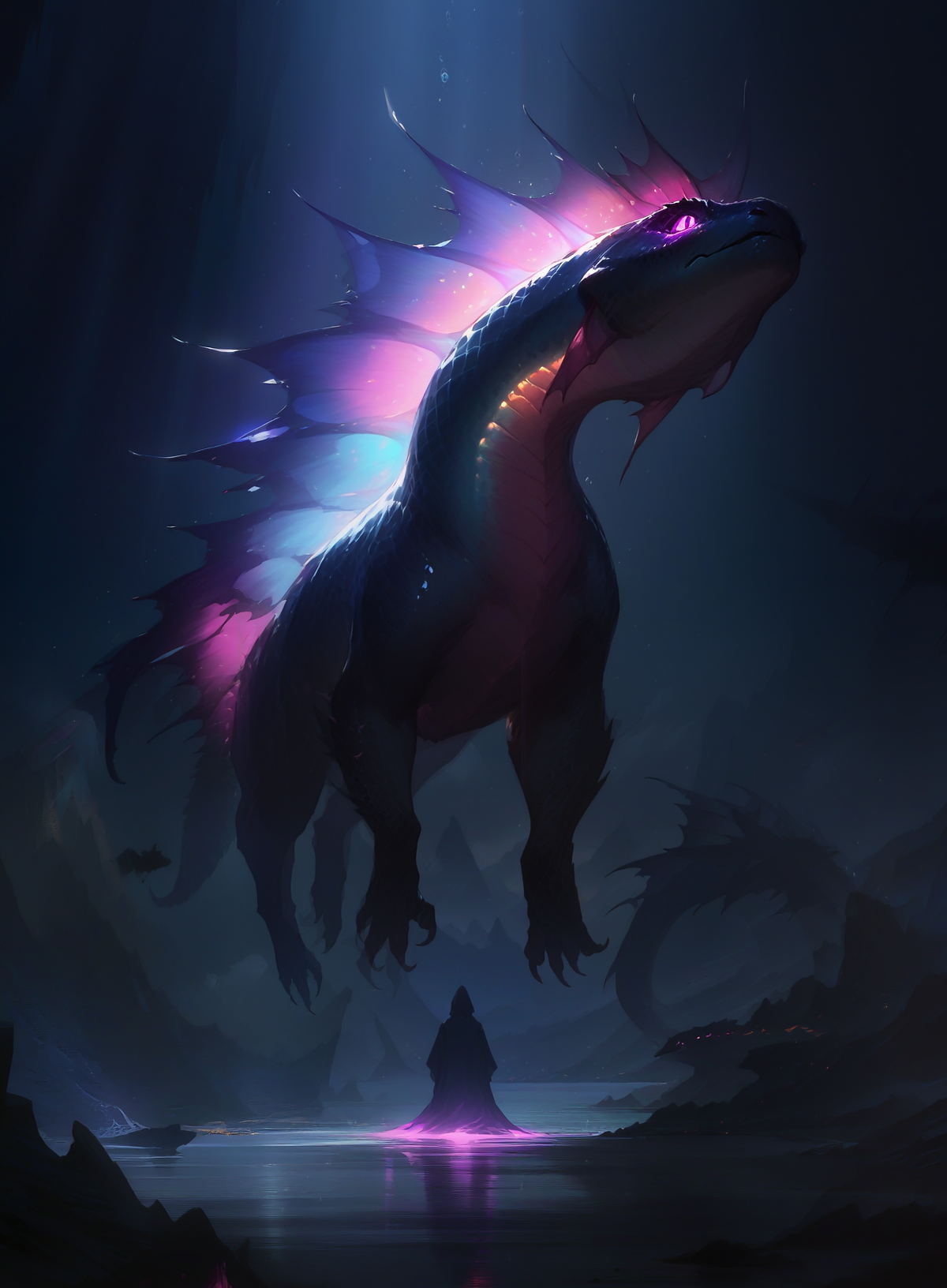 no humans, fish, general, rainbow scales, (glowing:1.4), (dark:1.3), underwater, silhouette, bioluminescence, solo, corruption, mutation, monster, light rays, night, moonlight, masterpiece, best quality, very awa, newest, <lora:ponyv5_noobV065S_1_adamW-000013:1.00>