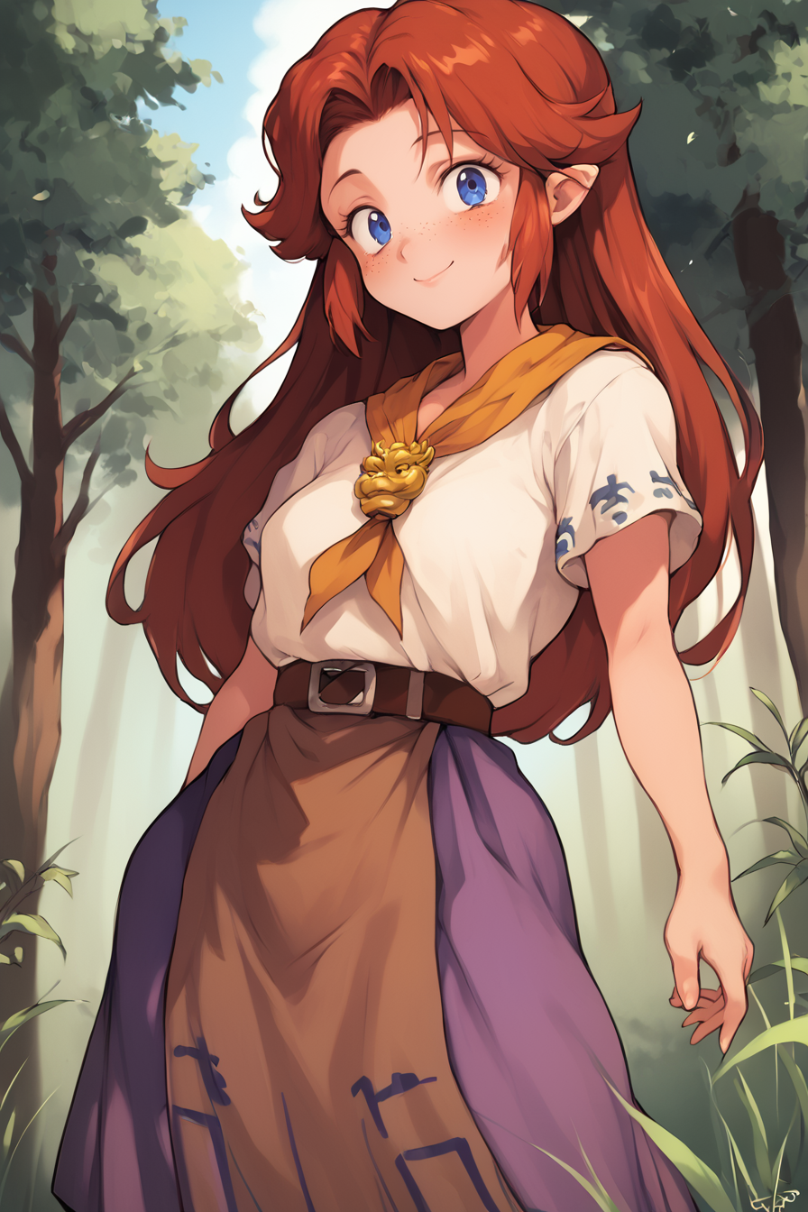 score_9, score_8_up, score_7_up, score_6_up, score_5_up, source anime, BREAK, (thick thighs), smile, closed mouth, (cowboy shot), looking at viewer,  realistic background, forest, farm, curvy, wide hips, shortstack, bright eyes, blush, freckles, <lora:malon_cremia-v1_pdxl:1> , malon, 1girl, white shirt, short sleeves, purple skirt, long skirt, brown belt, belt, yellow neckerchief, <lora:last:1>,  <lora:90s4n1m3XLP:0.7> , 90s4n1m3,