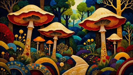brass toadstools with a forest in the background <lora:midjourney_whisper_chromaplex_v1:0.9> <lora:Embroidered_Quilting_Flux:0.9>
