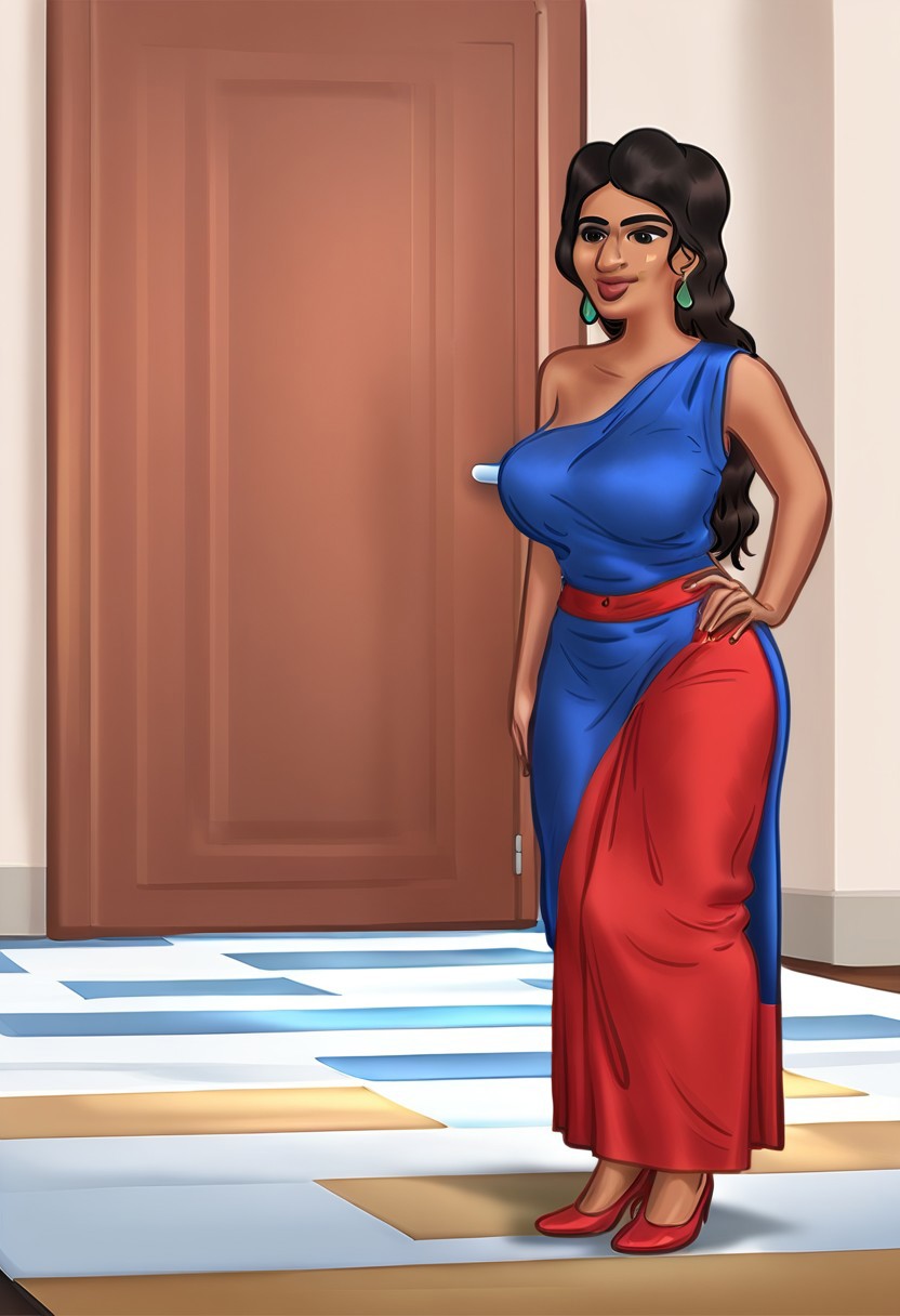 a young beautiful indian woman in red saree full body long black hair sky blue blouse comic art style