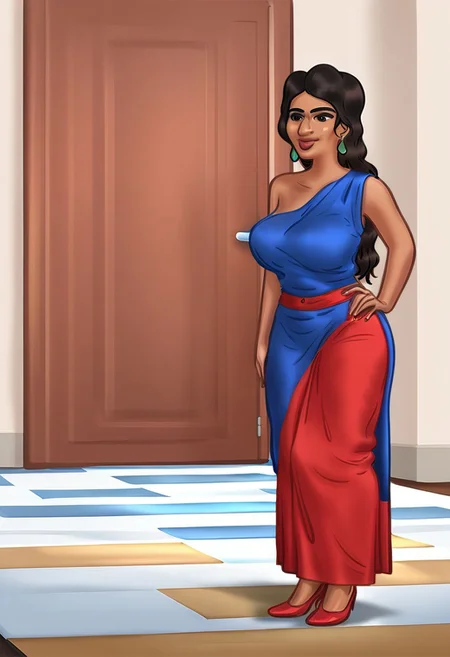a young beautiful indian woman in red saree full body long black hair sky blue blouse comic art style