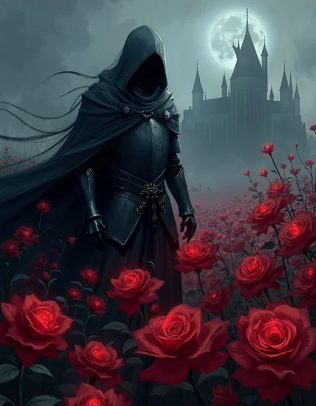 A hauntingly beautiful, dark fantasy scene: a mysterious knight in black, hooded armor stands amidst a sea of blood-red roses. His face is shrouded in shadows, and his cloak billows behind him like a dark cloud. The roses seem to glow with an otherworldly light, casting an eerie, mystical ambiance. Background: a foreboding, gothic castle looms in the distance. Medium: oil painting. Style: dramatic, atmospheric fantasy, illustration. in the style of umesky<lora:UmeSky.safetensors:0.6:0.6>