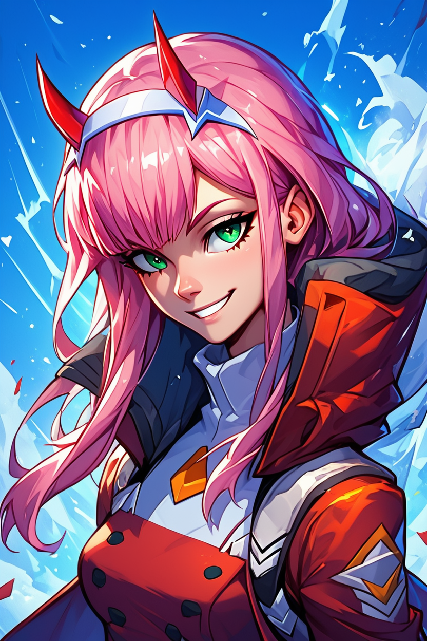 score_9, score_8_up, score_8, medium breasts, (curvy), cute, eyelashes,       BREAK, , BREAK, <lora:zero-two-ponyxl-lora-nochekaiser:0.8>, zero two, green eyes, hairband, horns, long hair, pink hair, red horns, white hairband, jacket, leggings, red jacket, white footwear,, <lora:EnergyCAT:1.0>,  solo, looking at viewer, upper body, aura, blue sky,  , BREAK,  smile, looking at viewer, cowboy shot,  embedding:zPDXL, Expressiveh, <lora:SDXLFaeTastic2400:0.5>,  <lora:Expressive_H-000001:0.4>,