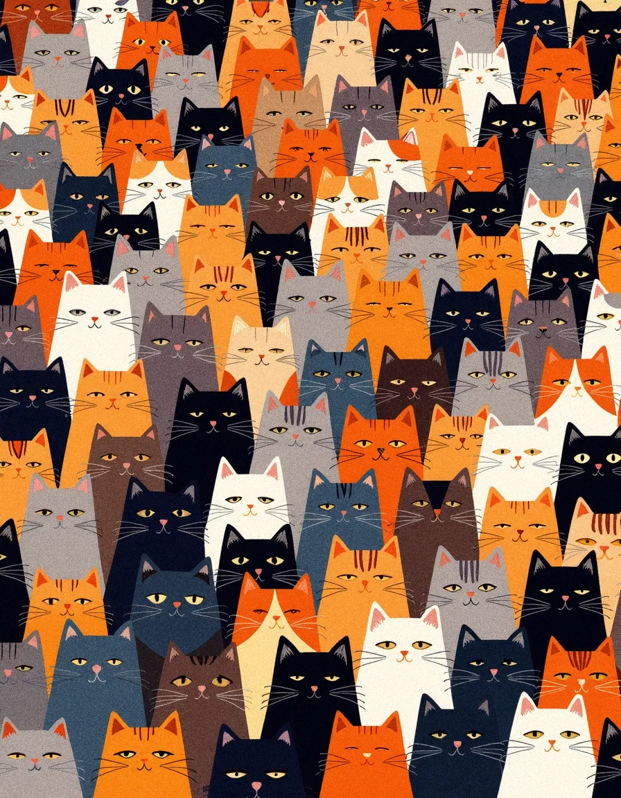 An intricate and vibrant illustration of a massive crowd of cats, filling the entire frame with no visible background. Each cat is depicted with unique fur patterns, colors, and expressions, showcasing a wide variety of breeds. 

The color palette features warm tones of orange, white, gray, black, and blue, creating a harmonious yet dynamic visual. 

The cats are arranged in a dense, non-symmetrical pattern, with each individual distinct yet blending seamlessly into the collective. 

The lighting is soft and even, highlighting the rich textures of the fur and the individuality of each cat. The overall style is realistic with meticulous attention to detail, giving a sense of warmth and liveliness to the composition.