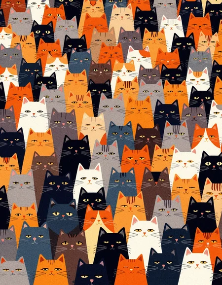 An intricate and vibrant illustration of a massive crowd of cats, filling the entire frame with no visible background. Each cat is depicted with unique fur patterns, colors, and expressions, showcasing a wide variety of breeds.
The color palette features warm tones of orange, white, gray, black, and blue, creating a harmonious yet dynamic visual.
The cats are arranged in a dense, non-symmetrical pattern, with each individual distinct yet blending seamlessly into the collective.
The lighting is soft and even, highlighting the rich textures of the fur and the individuality of each cat. The overall style is realistic with meticulous attention to detail, giving a sense of warmth and liveliness to the composition.