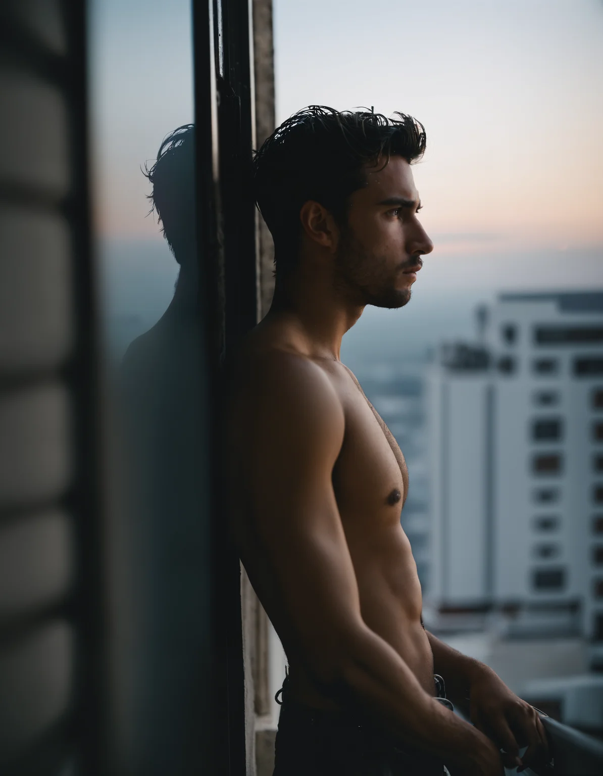 cinematic still film shot (close-up:0.9) from side of a sad topless male in his 20s leaning on a window at the end of the dystopian world, masterpiece, best quality, photograph, dreamlike, face focus, intricate details, sharp focus, photography, photorealism, photorealistic, soft focus, volumetric light, (****), (hyperdetailed), high detailed, lot of details, high quality, soft cinematic light, dramatic atmosphere, atmospheric perspective, 1boy, torn shirt, dirty, freezing, boots, epic, apocalypse, abandoned, night, vignette, dark theme, complex background, building, from bottom, dynamic pose, unique pose, extremely high-resolution details, realism pushed to extreme, fine texture, incredibly lifelike, hdr, colorful,