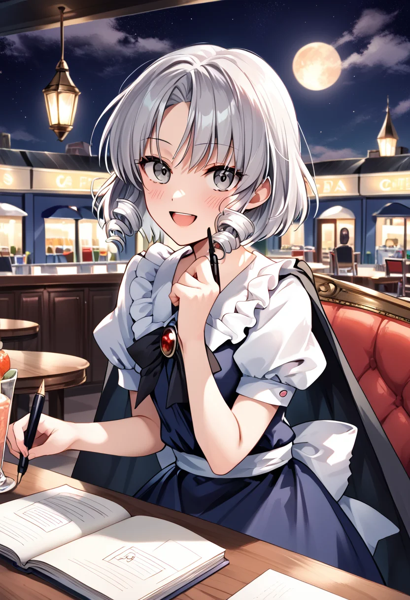 score_9_up, score_8_up, score_7_up, BREAK source_anime, (masterpiece), (best quality), 1girl, grey eyes, short sleeves, cape, holding, dress, smile, moon, black cape, puffy sleeves, drill hair, brooch, frills, open mouth, puffy short sleeves, short hair, grey hair, creepy smile, looking at viewer, smile, blush, closeup upper body, sitting on chair, cafe, notebook on table, grabbing a pen, (ultra detailed), colorful light, shine, (from side:0.6), <lora:muse(seihou)-V1:1>